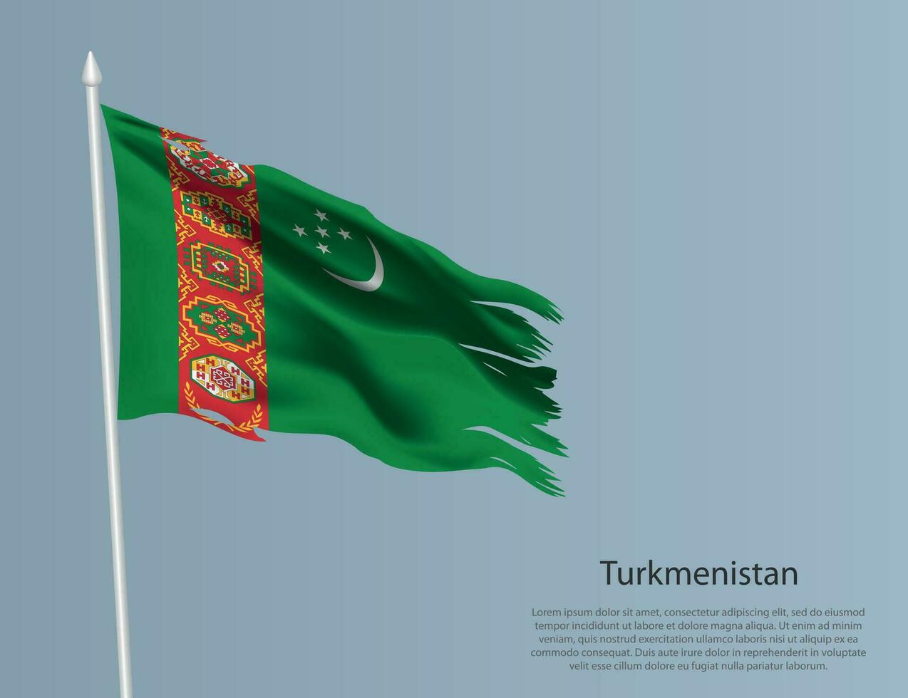 Ragged national flag of Turkmenistan. Wavy torn fabric on blue background vector
