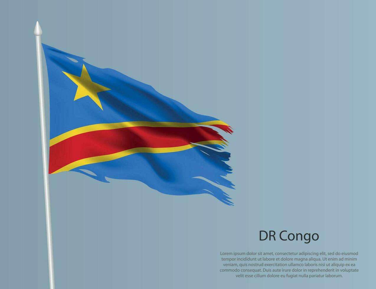 Ragged national flag of DR Congo. Wavy torn fabric on blue background vector