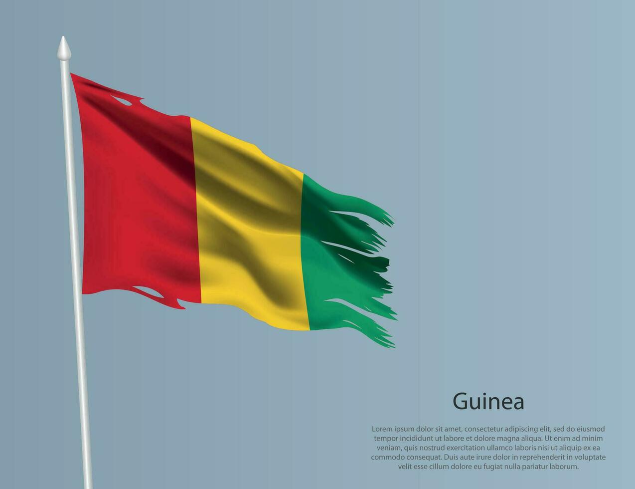 Ragged national flag of Guinea. Wavy torn fabric on blue background vector