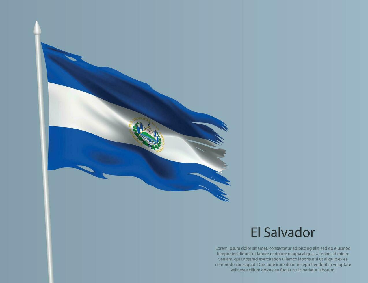 Ragged national flag of El Salvador. Wavy torn fabric on blue background. vector