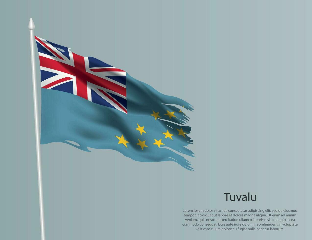 Ragged national flag of Tuvalu. Wavy torn fabric on blue background. vector