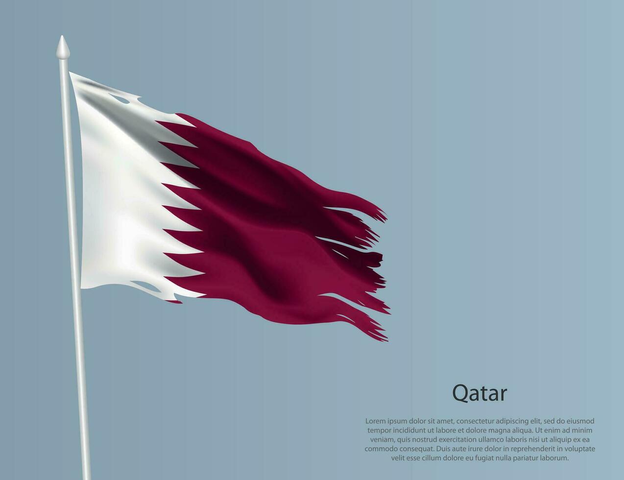 Ragged national flag of Qatar. Wavy torn fabric on blue background vector