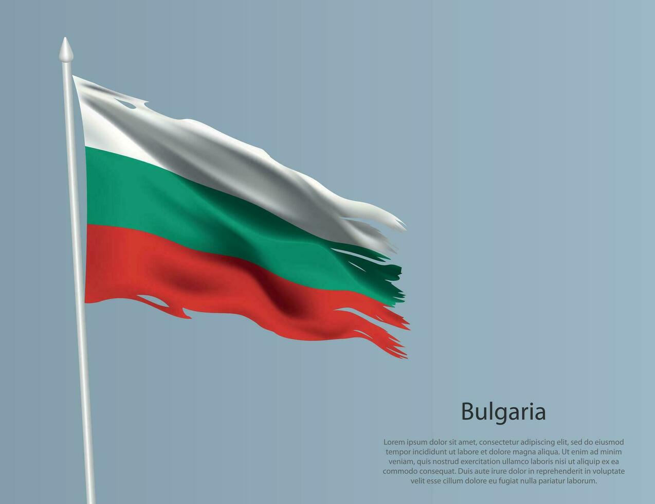 Ragged national flag of Bulgaria. Wavy torn fabric on blue background vector