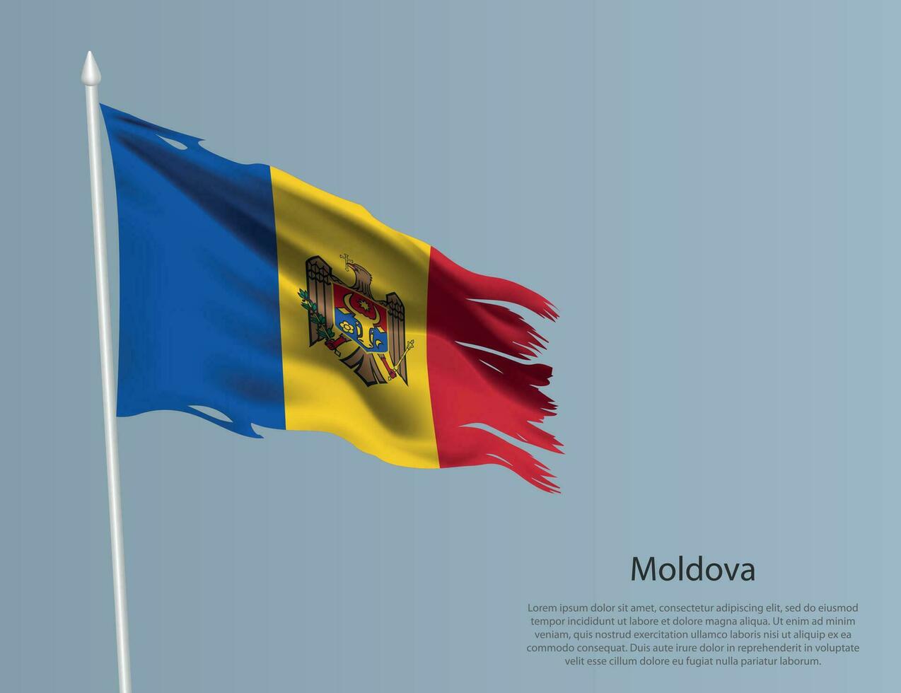 harapiento nacional bandera de Moldavia. ondulado Rasgado tela en azul antecedentes vector