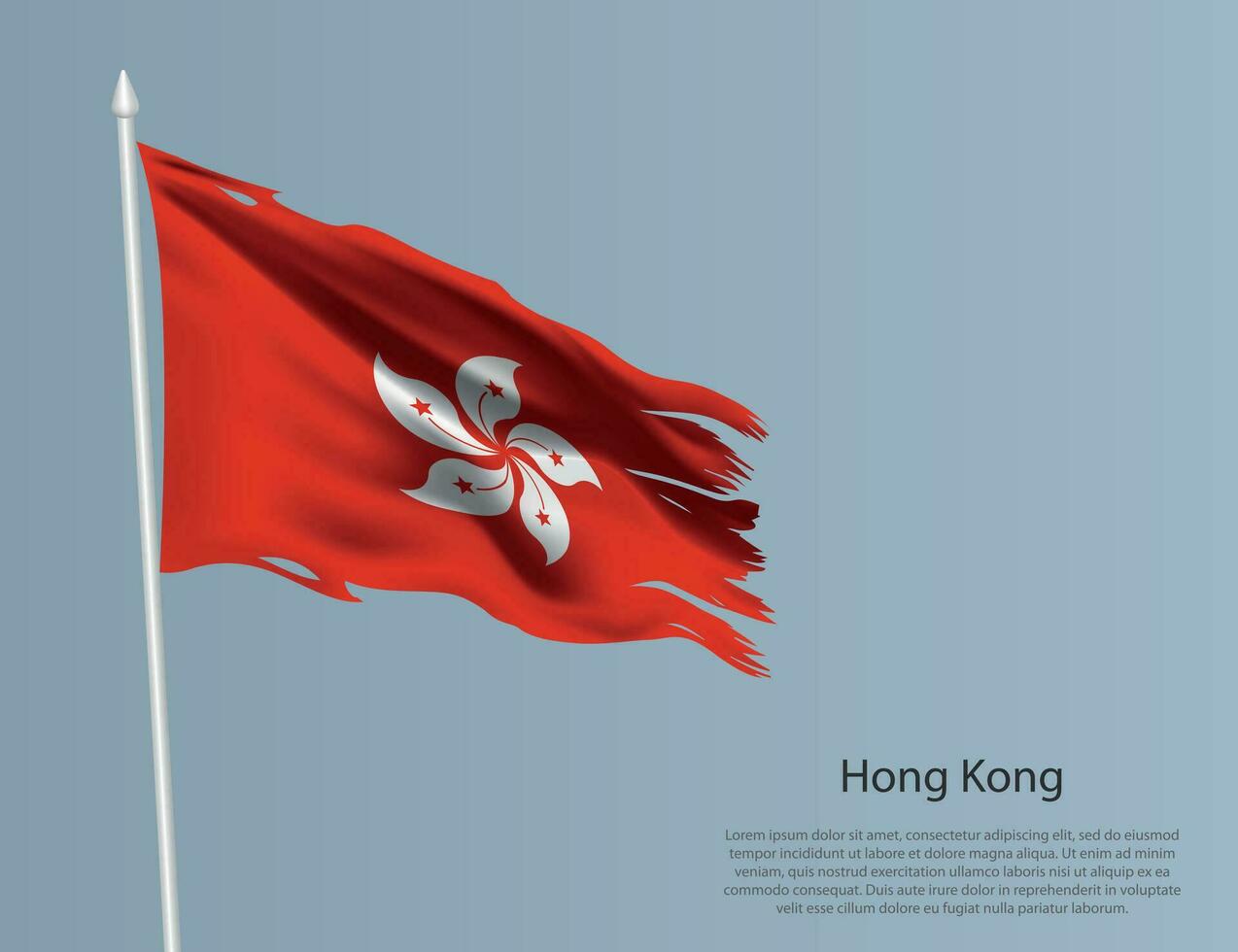 Ragged national flag of Hong Kong. Wavy torn fabric on blue background vector