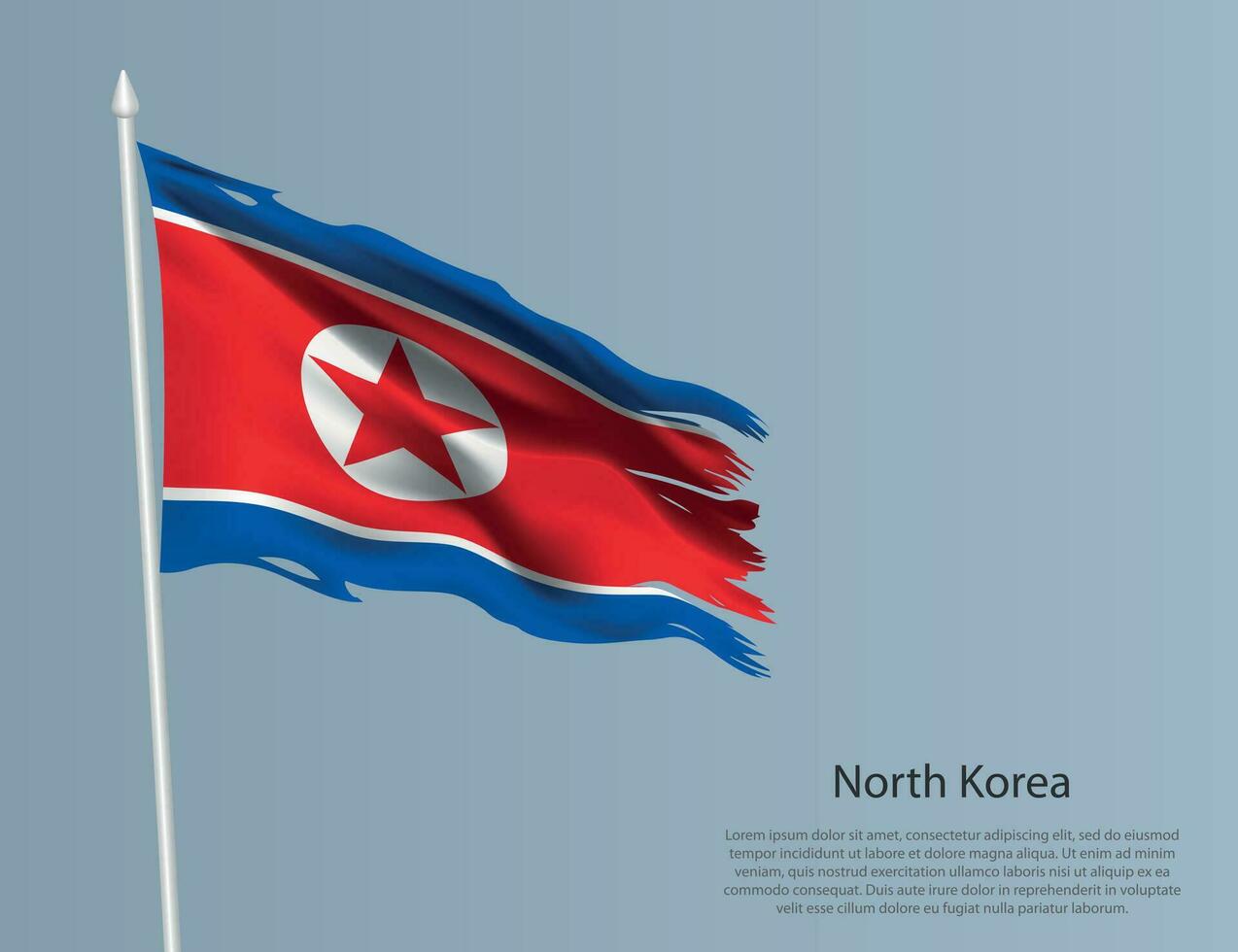 Ragged national flag of North Korea. Wavy torn fabric on blue background vector