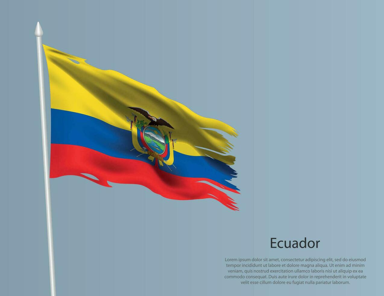 Ragged national flag of Ecuador. Wavy torn fabric on blue background. vector