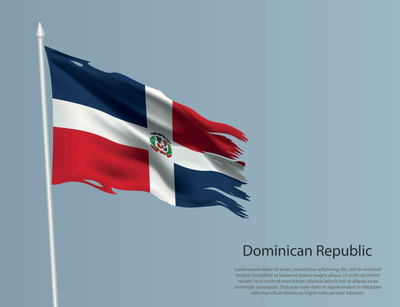 Ragged national flag of Dominican Republic. Wavy torn fabric on blue background. vector