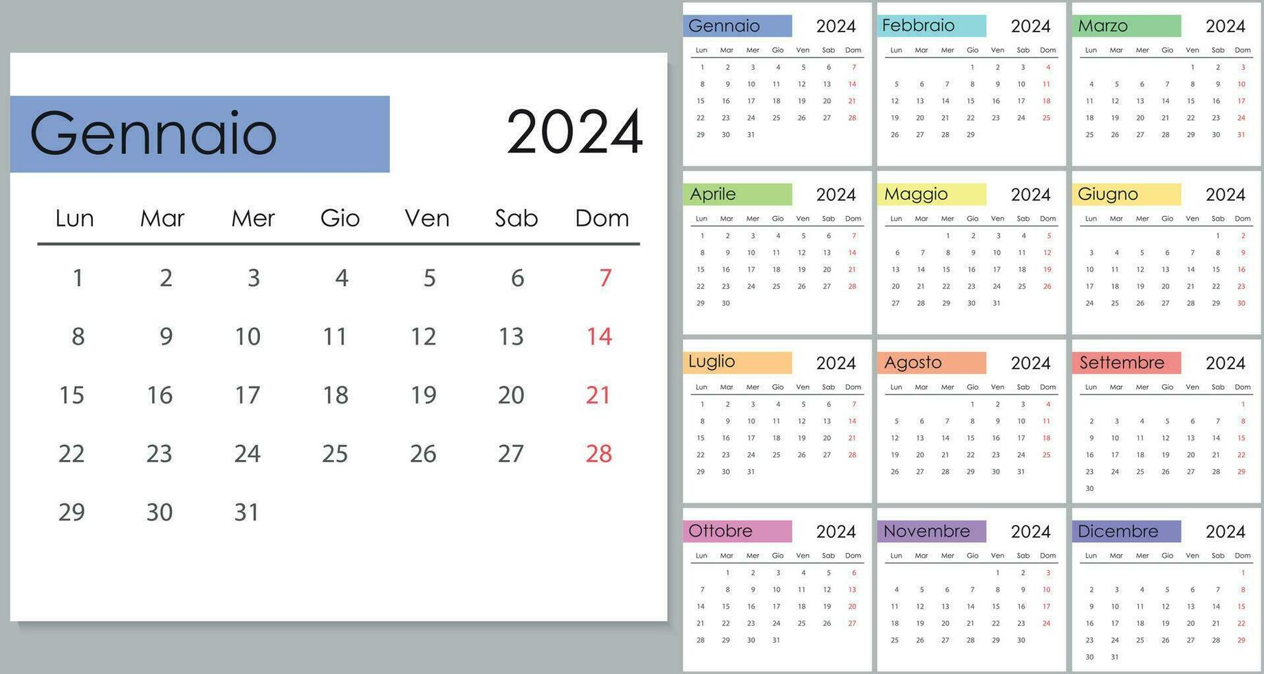 Calendar 2024 on italian language, week start on Monday vector