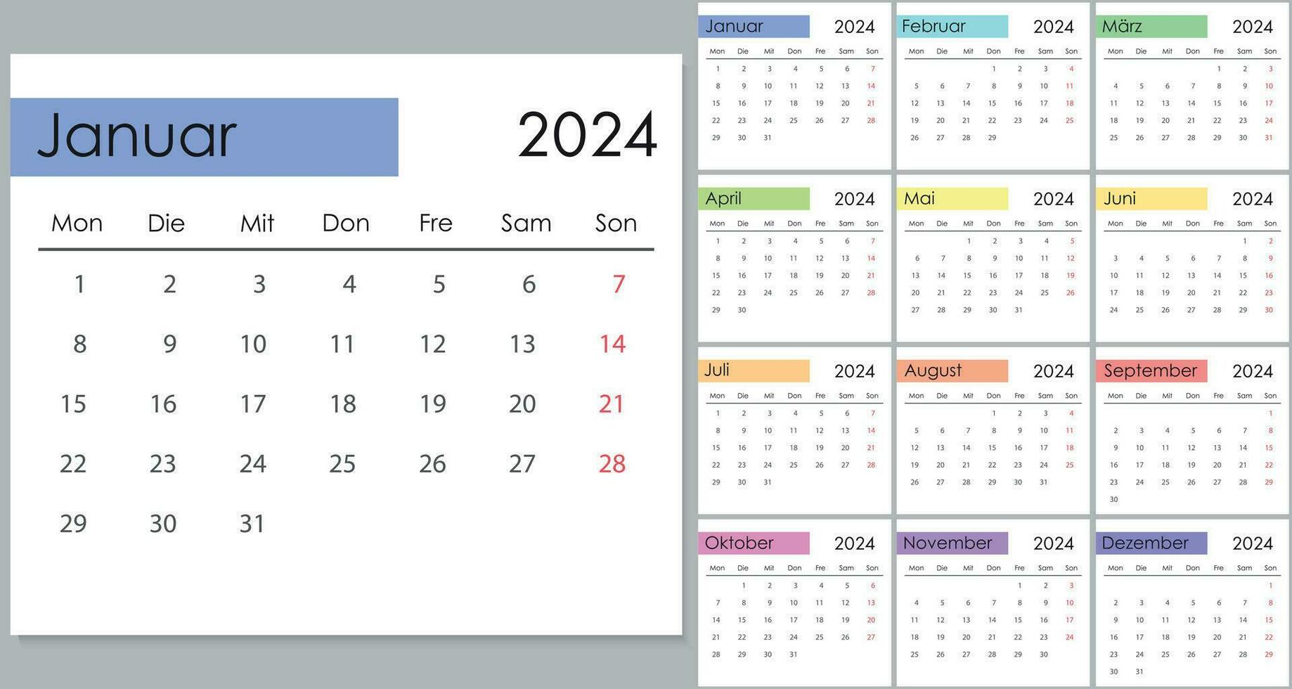 Calendar 2024 on german language, week start on Monday vector