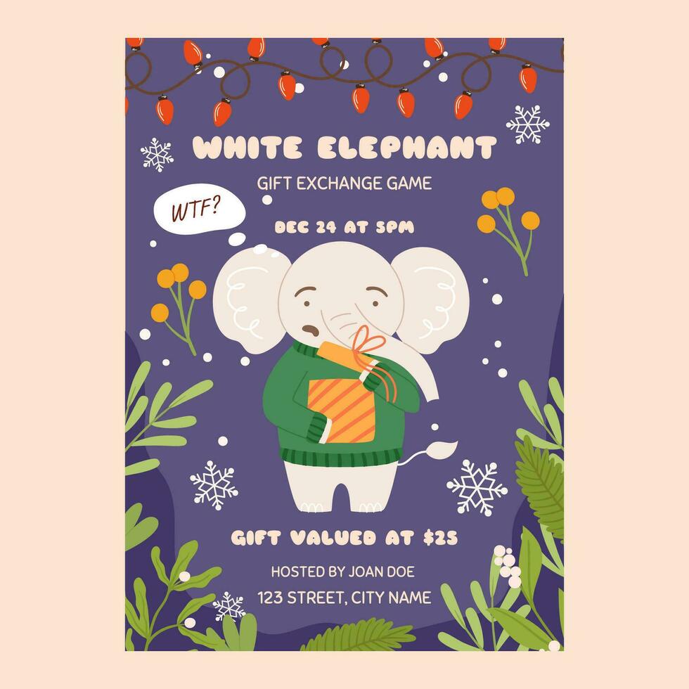 White elephant gift exchange party game template. Funny grumpy character in green sweater who is surprised by what he sees in the gift box. Christmas party vector