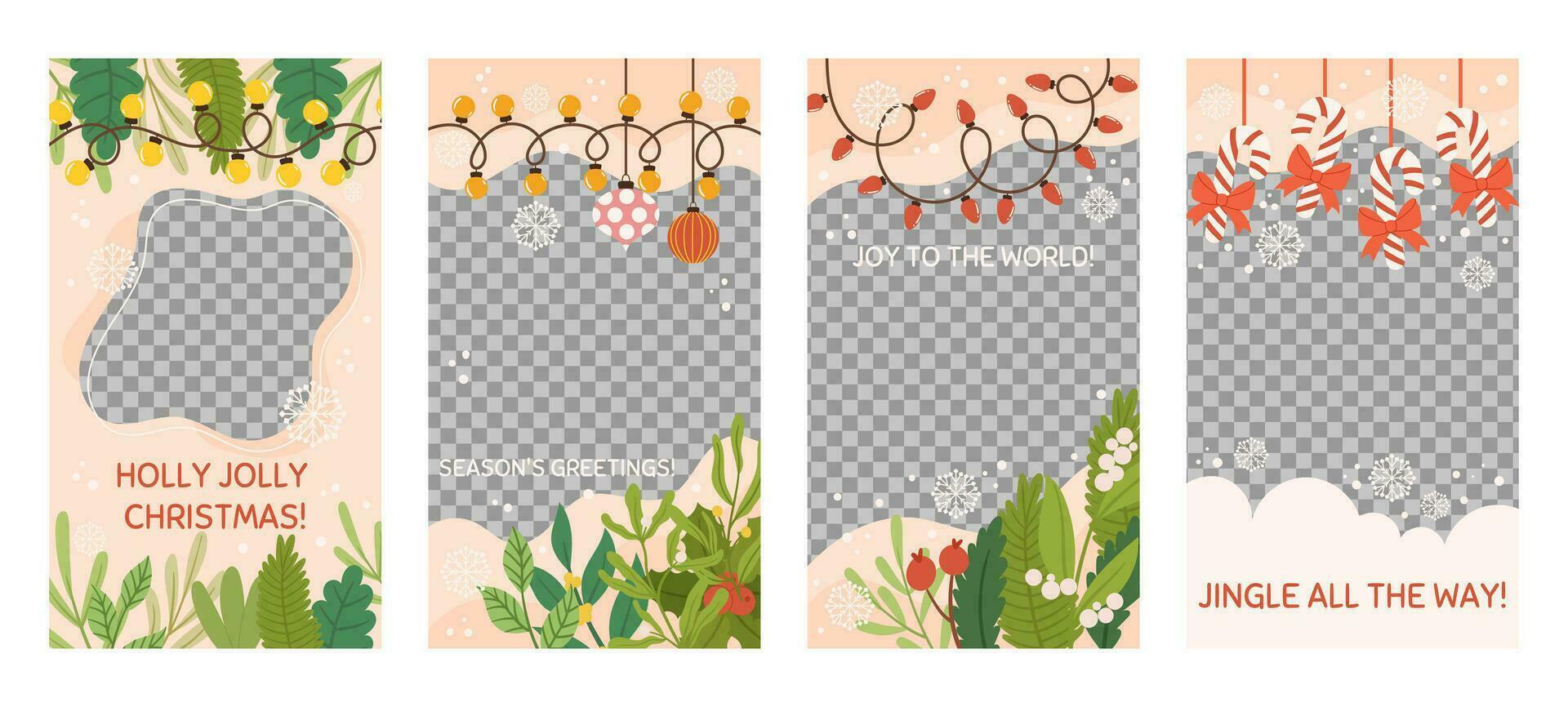 Social media christmas stories template with copy space and transparent space for photo. Vertical banner decorated with spruce plants branches, tree toys, light garland, candy cane and red bow vector