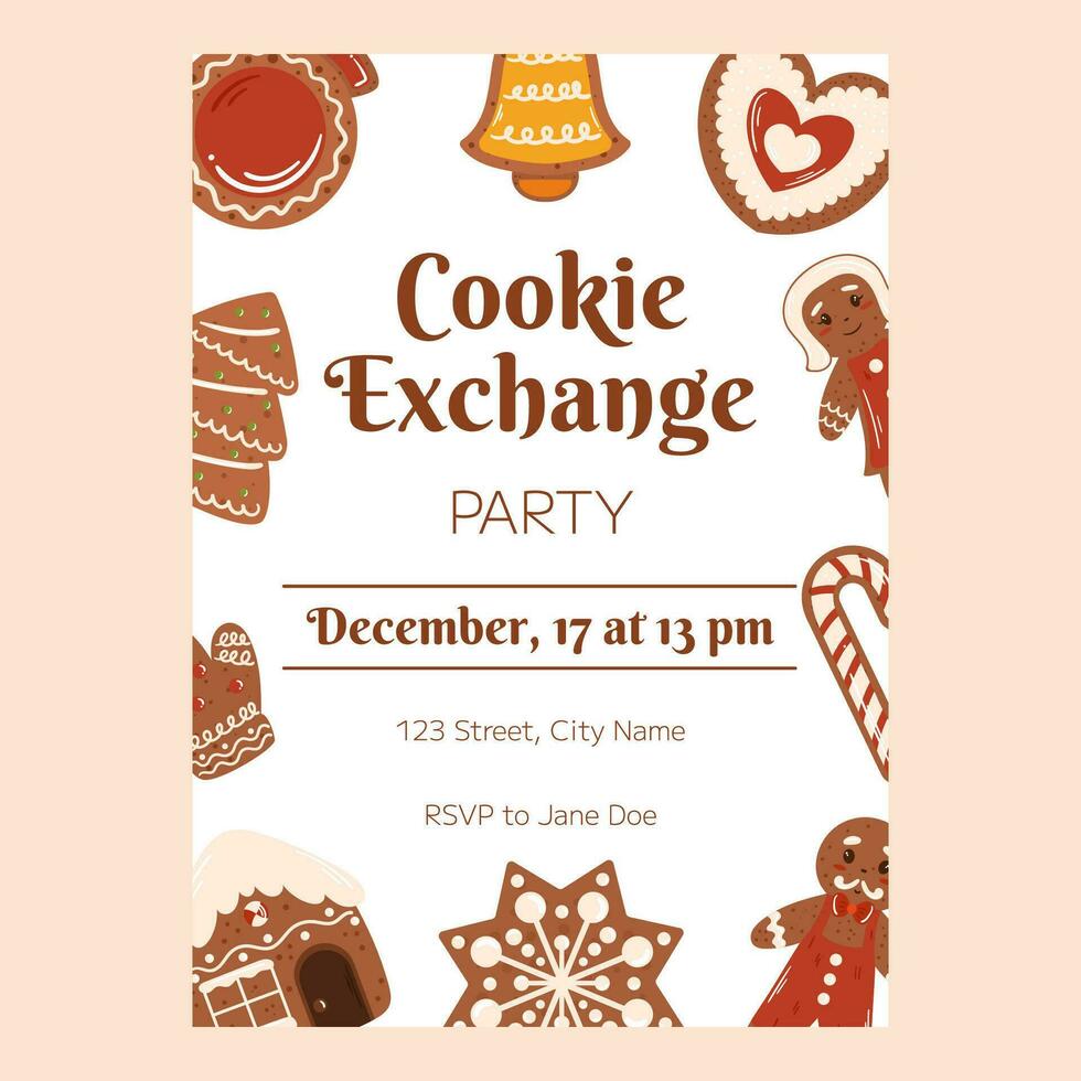 Christmas poster template, Invitation for Xmas cookie swap party. Vertical flyer decorated with gingerbread cookies, house, snowflake and candy cane, cookie man and woman vector