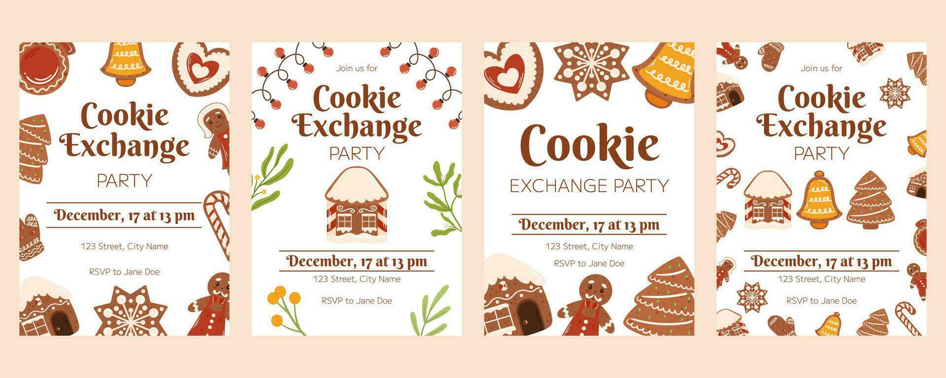 Christmas poster template with copy space, Invitation for Xmas cookie exchange party. Vertical flyer decorated with gingerbread cookies, house, snowflake and candy cane, cookie man and woman vector