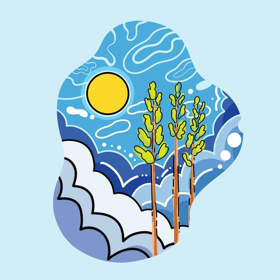 Blue sky with sun, clouds, and trees natural themed design. Abstract vector illustration full colored isolated on square blue background. Simple flat cartoon art styled drawing.