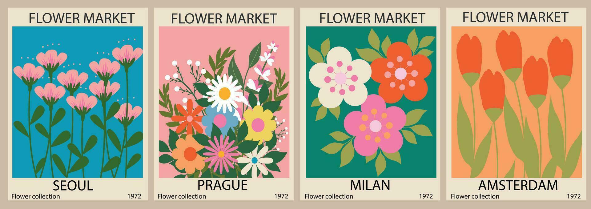 Set of abstract Flower Market posters. Trendy botanical wall arts with floral design in bright colors. Modern naive funky interior decorations. Vector art illustration