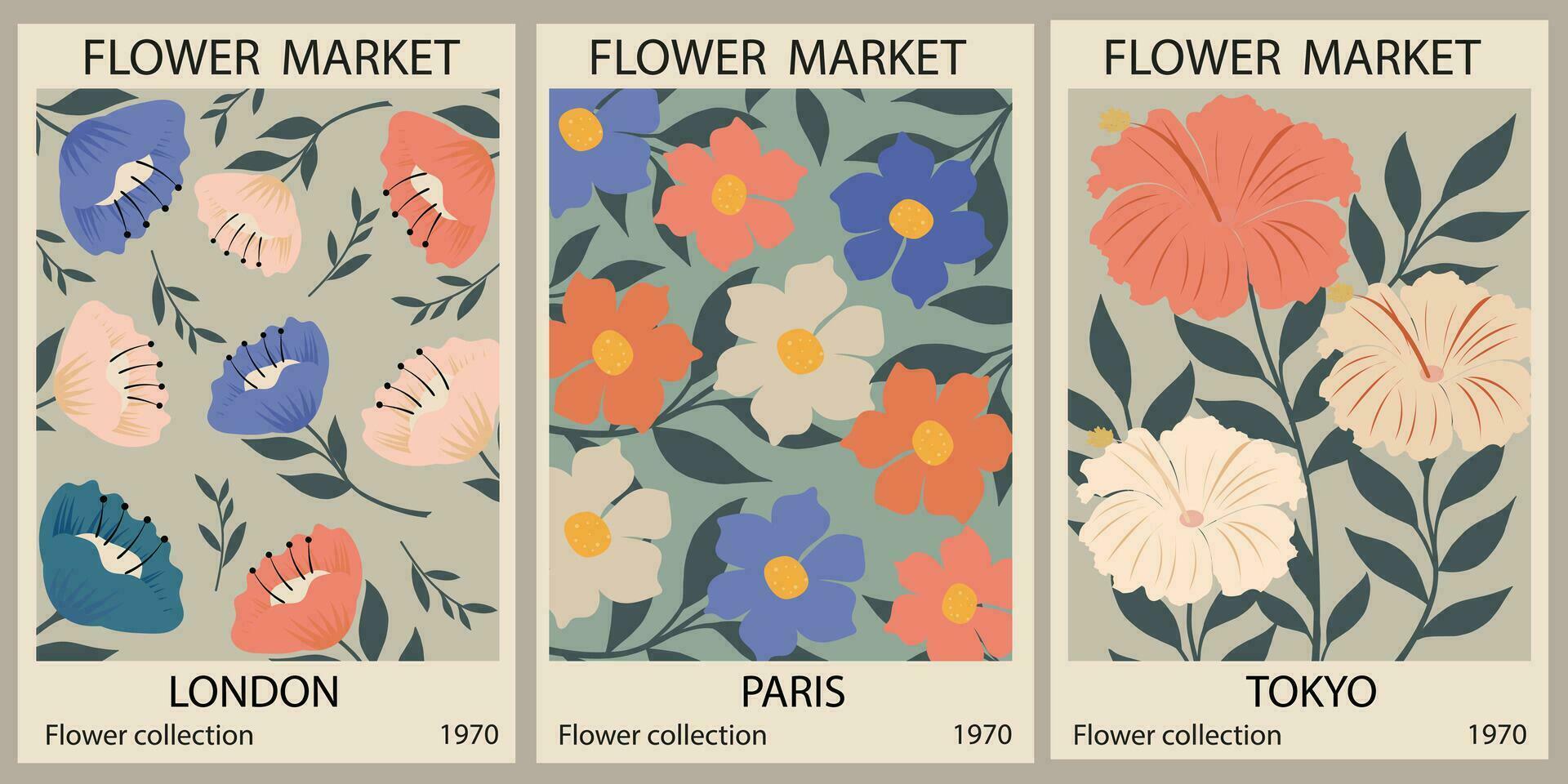 conjunto 1970 margarita flores mercado carteles resumen floral ilustración. póster para postales, pared arte, bandera, fondo, para impresión. vector Arte ilustración.