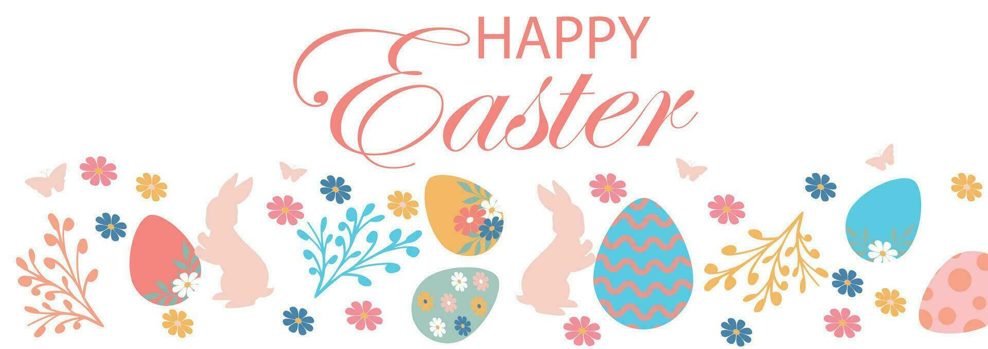 Lovely hand drawn Easter horizontal seamless pattern with eggs, bunnies, flowers. Easter festive border. Suitable for textiles, banners, wallpaper, wrapping paper. vector