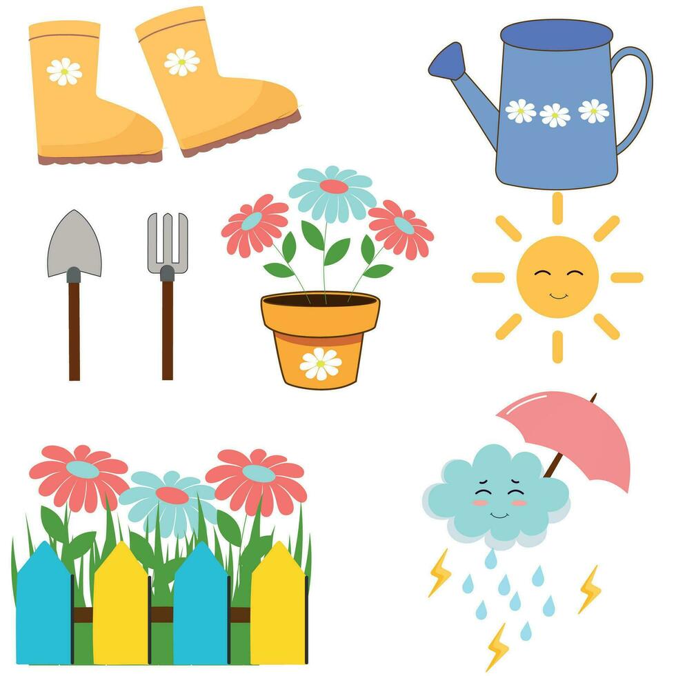 Spring set of hand drawn elements. Yellow rubber boots, sun, watering can, umbrella, flowers. Suitable for scrapbooking, greeting card, poster, tag, sticker set. Vector illustration.