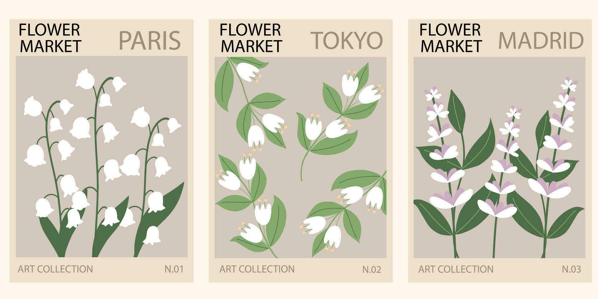 Set 1970 daisy flowers market poster. Abstract floral illustration. Poster for postcards, wall art, banner, background, for printing. Modern naive groovy funky interior decorations. Vector