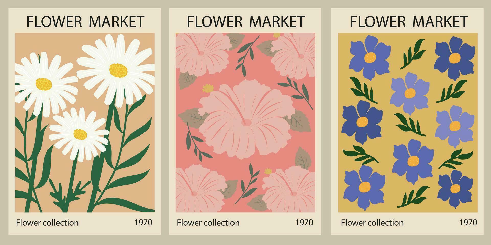 Set of botanical posters with different flowers. Botanical wall art collection, vintage poster aesthetic. Poster for postcards, wall art, banner, background, for printing. Vector art illustration
