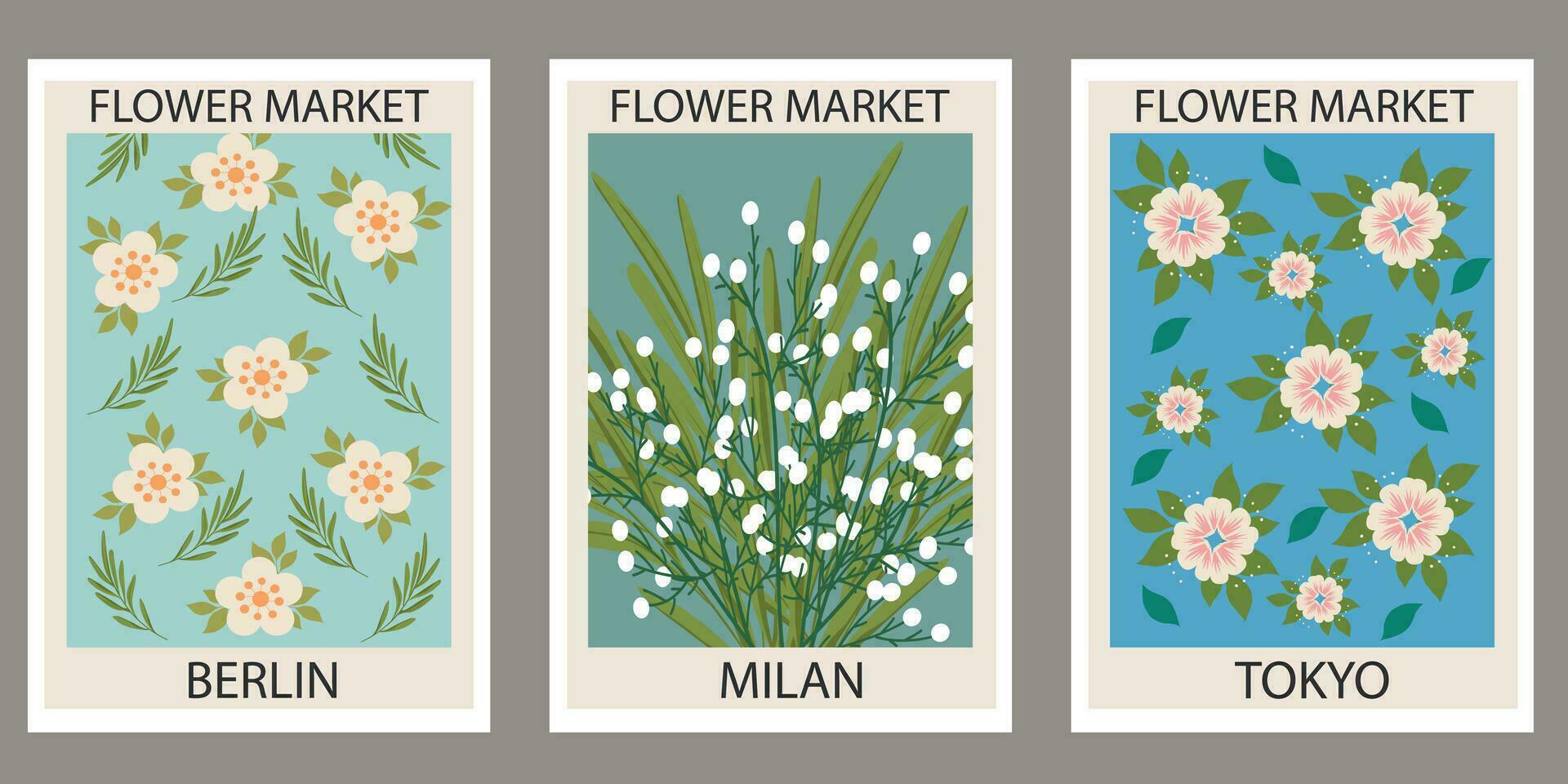 Set of different flower posters. Modern style, trendy pastel colors. Abstract daisy, poppy, marigold flowers. Vector colorful illustrations, perfect for wall art, cards, covers. Vector illustration