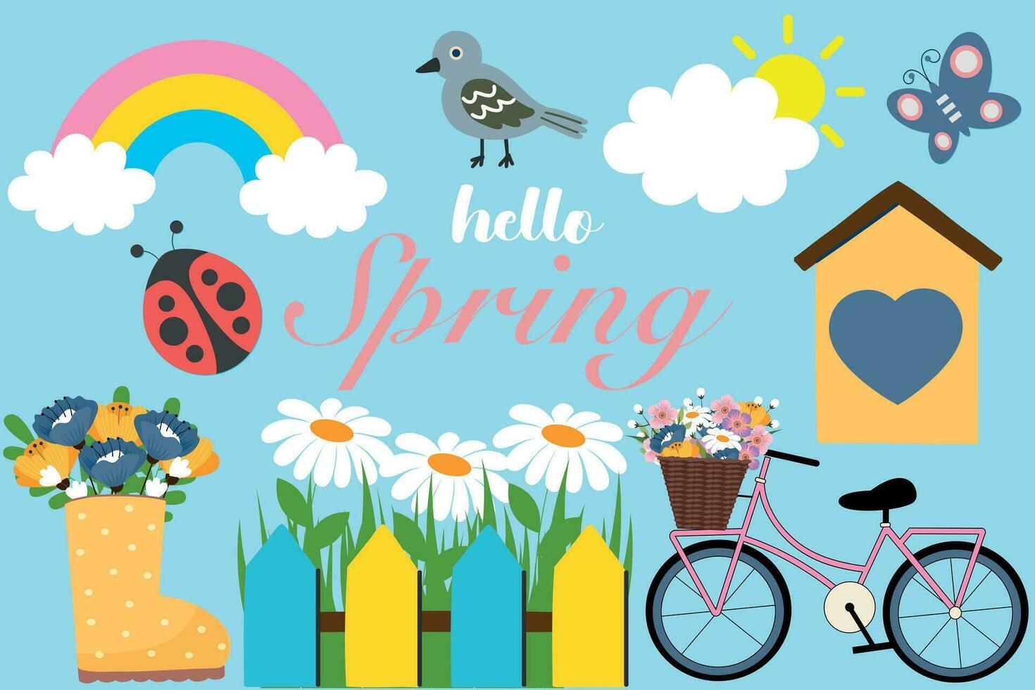 Hello spring hand drawn element collection. Concept of gardening. Garden tools. Banner with summer garden landscape. Flat style, vector illustration.