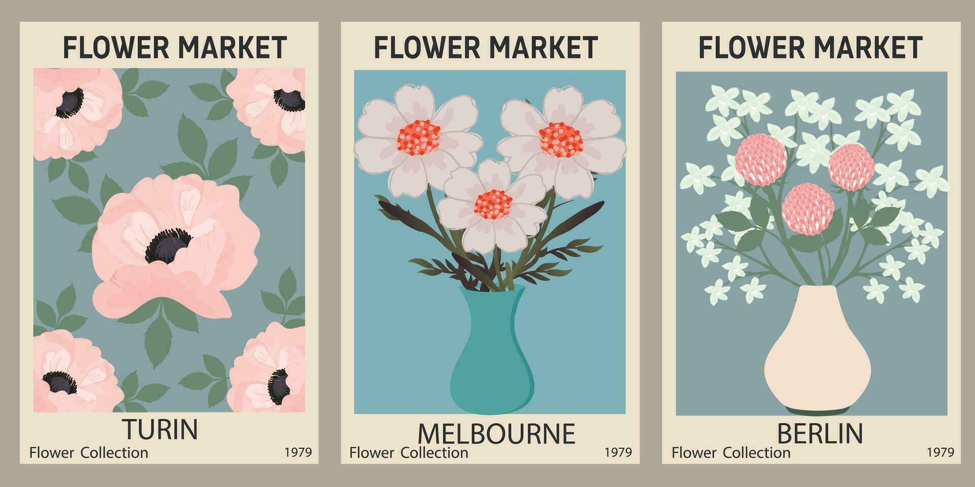 Flower market poster set. Abstract floral illustration. Botanical wall art collection, vintage poster aesthetic. Modern style, trendy pastel colors. Vector colorful illustrations.