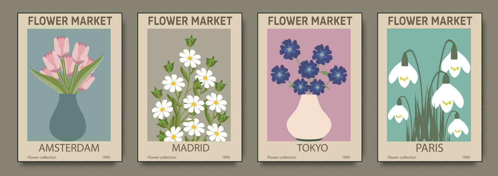 Abstract set Flower Market posters. Trendy botanical wall arts with floral design in bright colors. Modern naive groovy funky interior decorations, paintings. Vector art illustration.