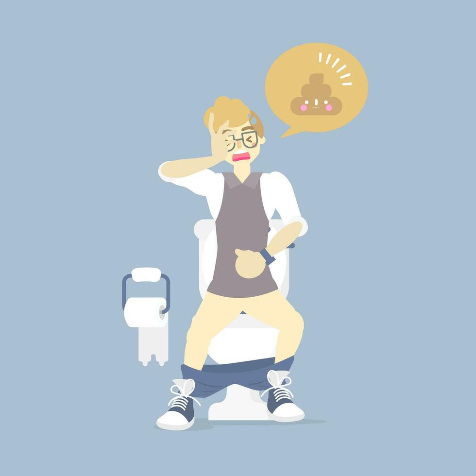 man using flush toilet, having stomach ache, suffering from diarrhea or constipation, health care, sanitation concept, flat character design clip art vector illustration cartoon
