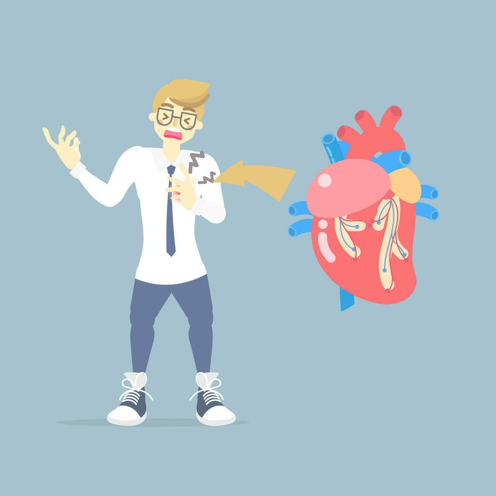 hombre con corazón ataque enfermedad, médico interno órganos cuerpo parte nervioso sistema anatomía cirugía humano corazón salud cuidado, plano vector ilustración dibujos animados diseño acortar Arte