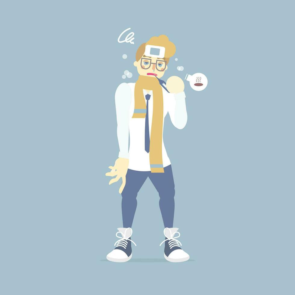 man in yellow scarf with thermometer in his mouth, having a cold and runny nose, fever flu influenza, winter, rainy season, health care concept, vector illustration cartoon flat character design