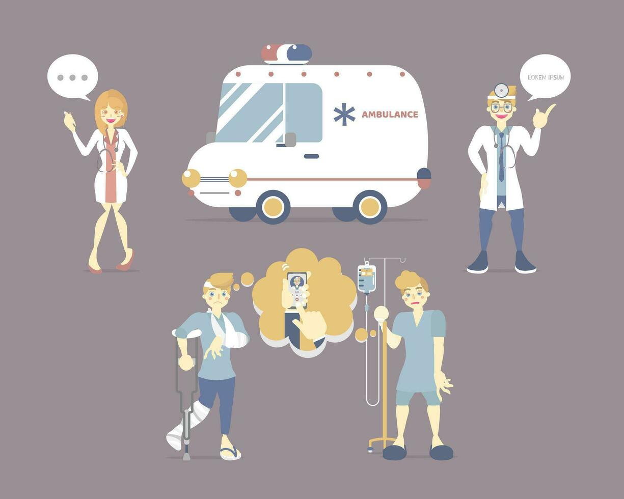 man broken bone, with iv saline solution, hands holding mobile phone calling ambulance car with male and female doctor, patient, health care concept, flat vector illustration cartoon character design