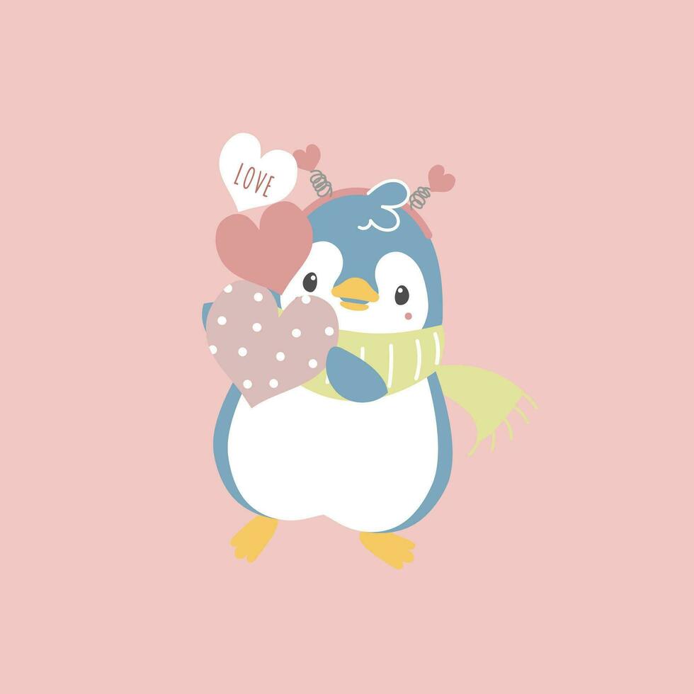 cute and lovely penguin holding heart, happy valentine's day, love concept, flat vector illustration cartoon character costume design