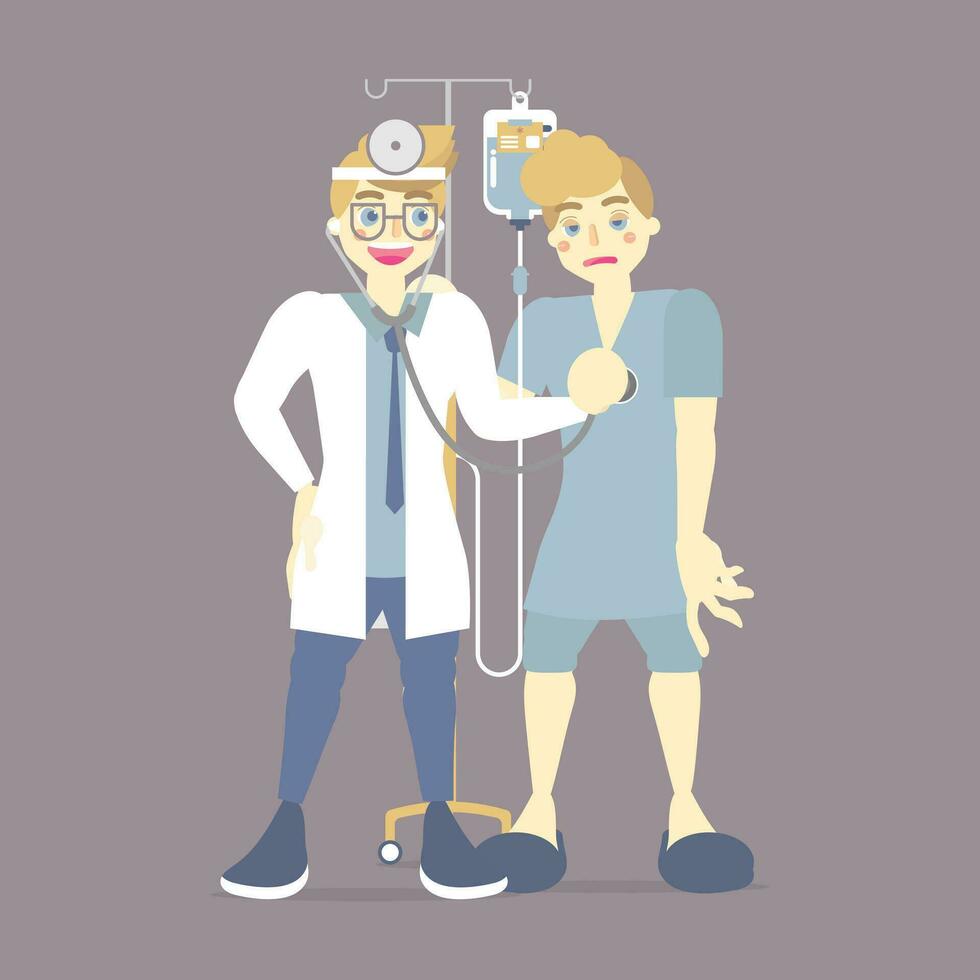 doctor checking, caring measuring blood pressure for patient with IV intravenous with blood, saline bag, health care, medical examination concept, vector illustration cartoon flat character design