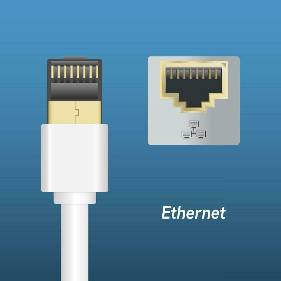 Ethernet network cable and port. Cable icon. Rj45 and UTP cable on blue background. Eps10 vector. vector