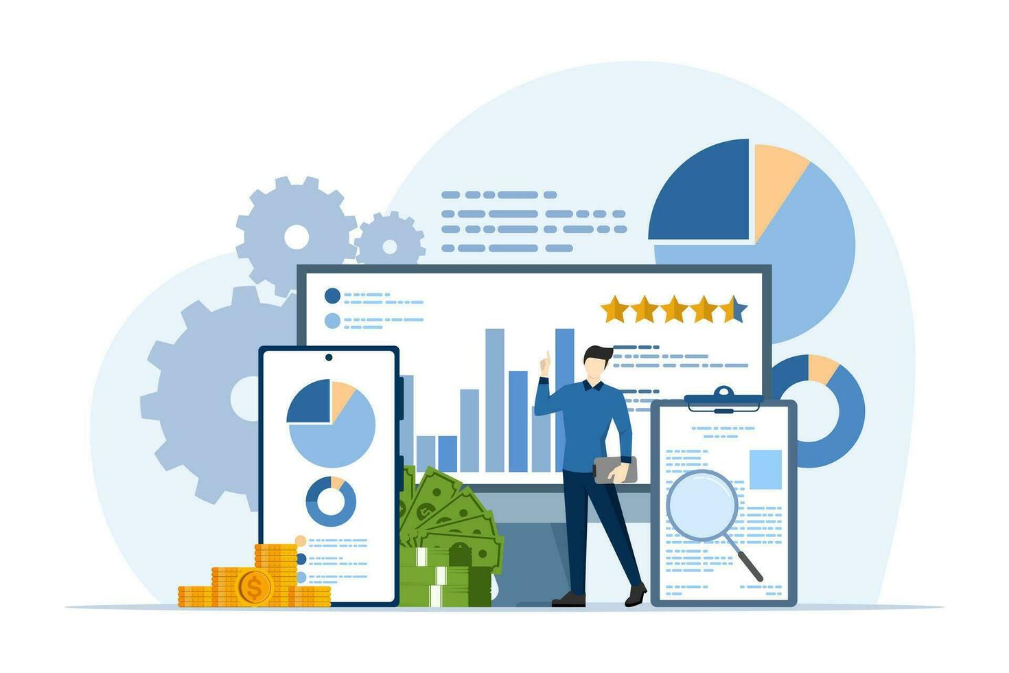 business and financial analyst, business audit, growth and results, finance. Businessman with computer looking at graphs to analyze growth, Statistics. monitor financial and investment reports. vector