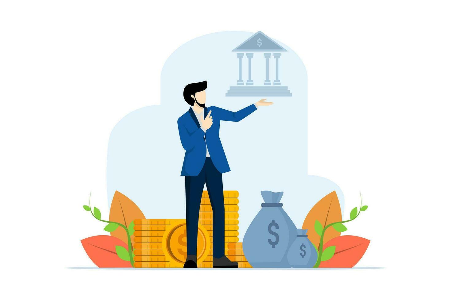 Economy and business concept. concept of businessman saving money in bank. money management, economic challenges, balance or reliability, Copy space for design or text. Flat style vector illustration