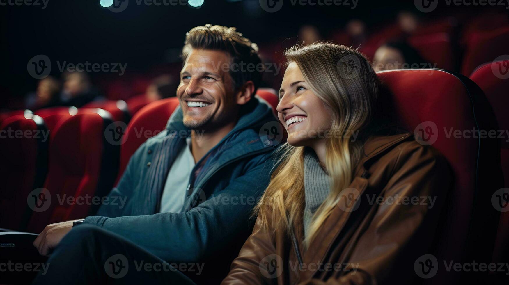 AI generated Cheerful couple having a nice day in the movie theater. Generative AI photo