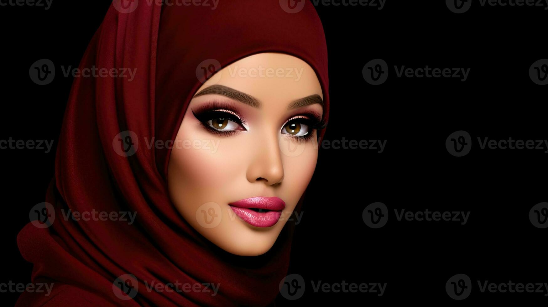 AI generated Elegant woman with vibrant make-up and red headscarf on black background. Generative AI photo