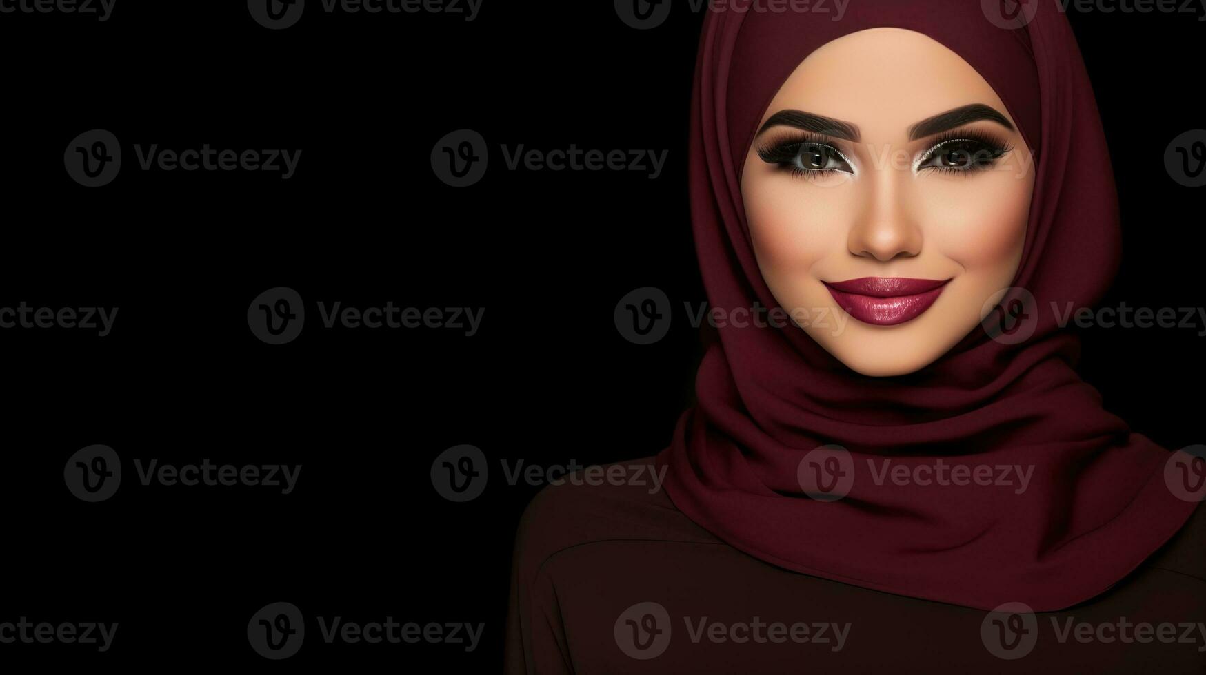 AI generated Elegant woman with vibrant make-up and red headscarf on black background. Generative AI photo