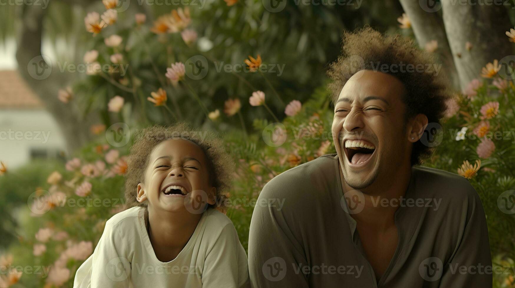AI generated In a blooming garden, the father plays his daughter cheerfully. Generative AI photo