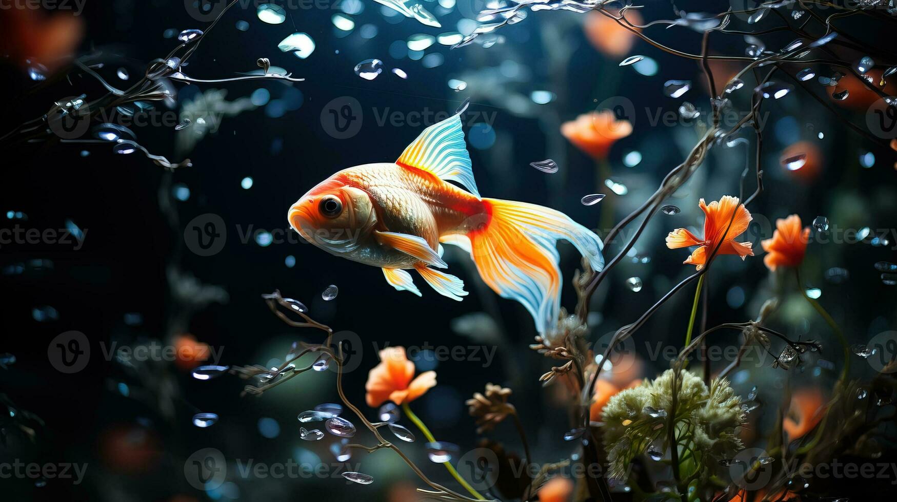 AI generated Goldfish swims gracefully among undersea plants in calm waters. Generative AI photo