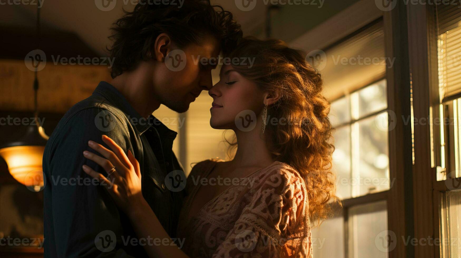 AI generated A couple embracing warmly enjoying a weekend getaway at home. Generative AI photo
