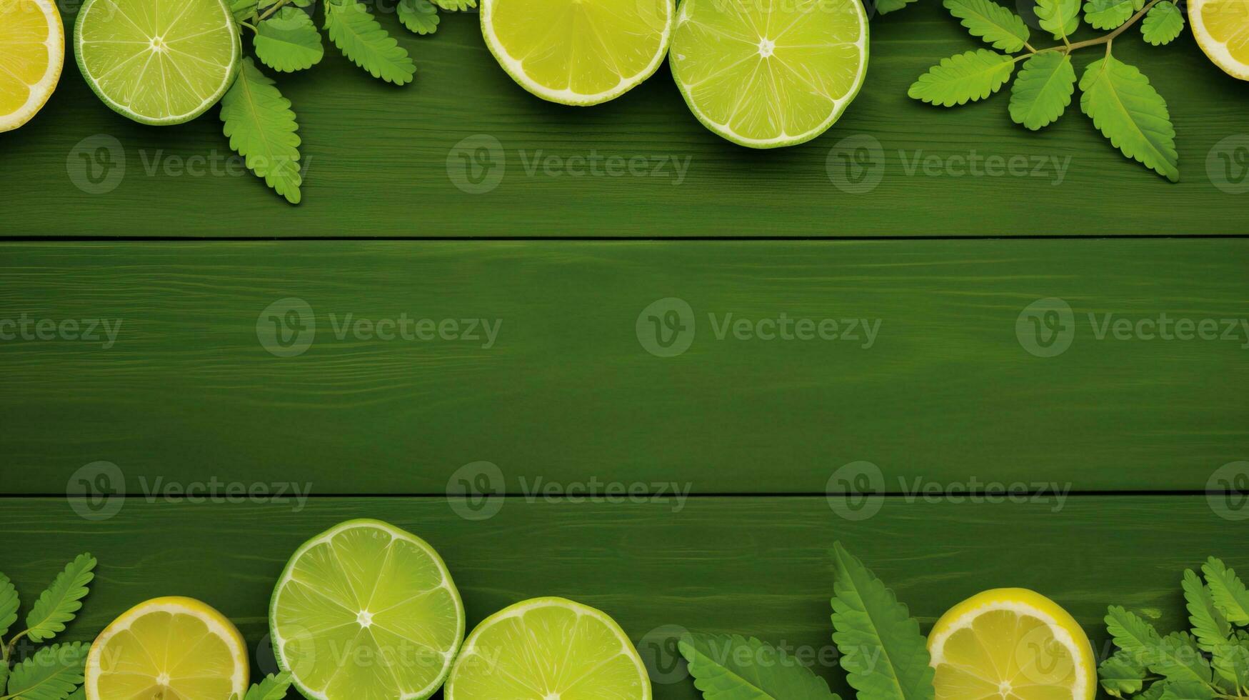 AI generated Cut lemons in green leaves and copy space. Generative AI photo