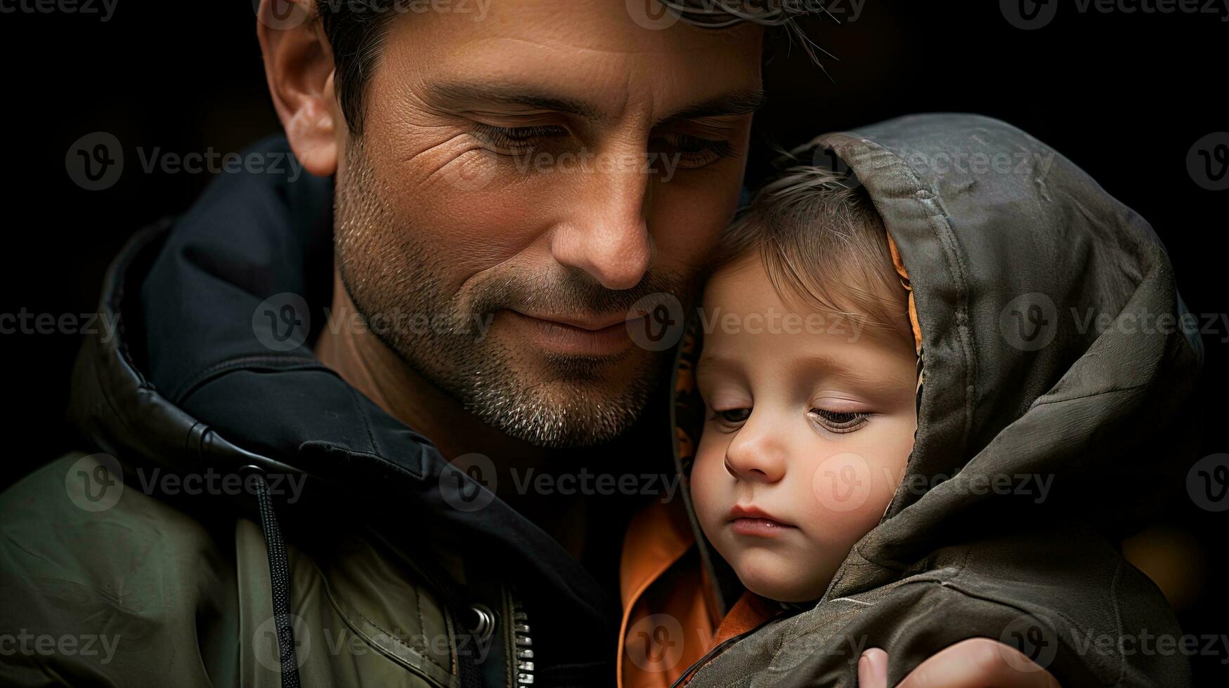 AI generated A baby looking safely in his father's arms. Generative AI photo