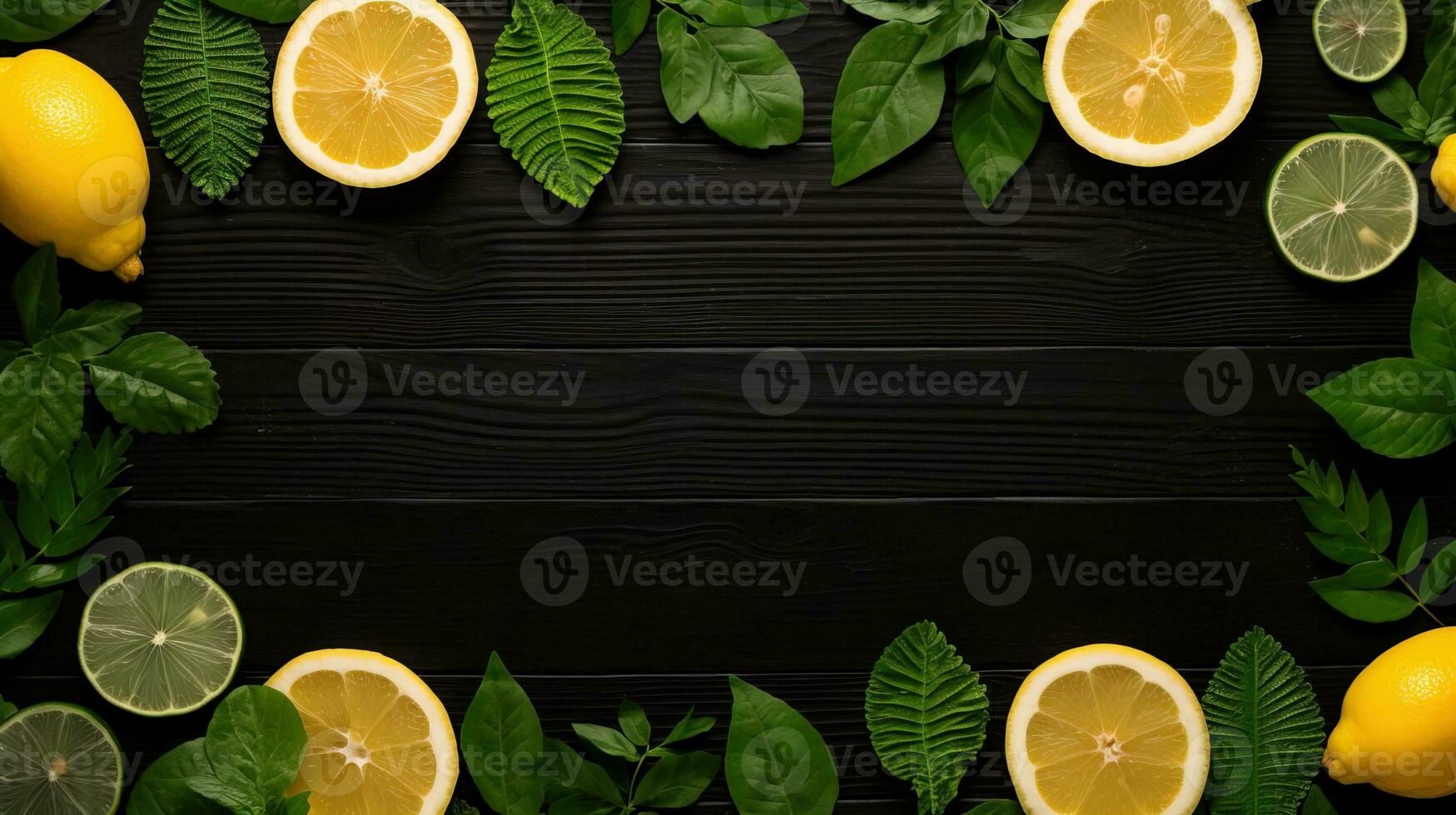 AI generated Cut lemons in green leaves and copy space. Generative AI photo