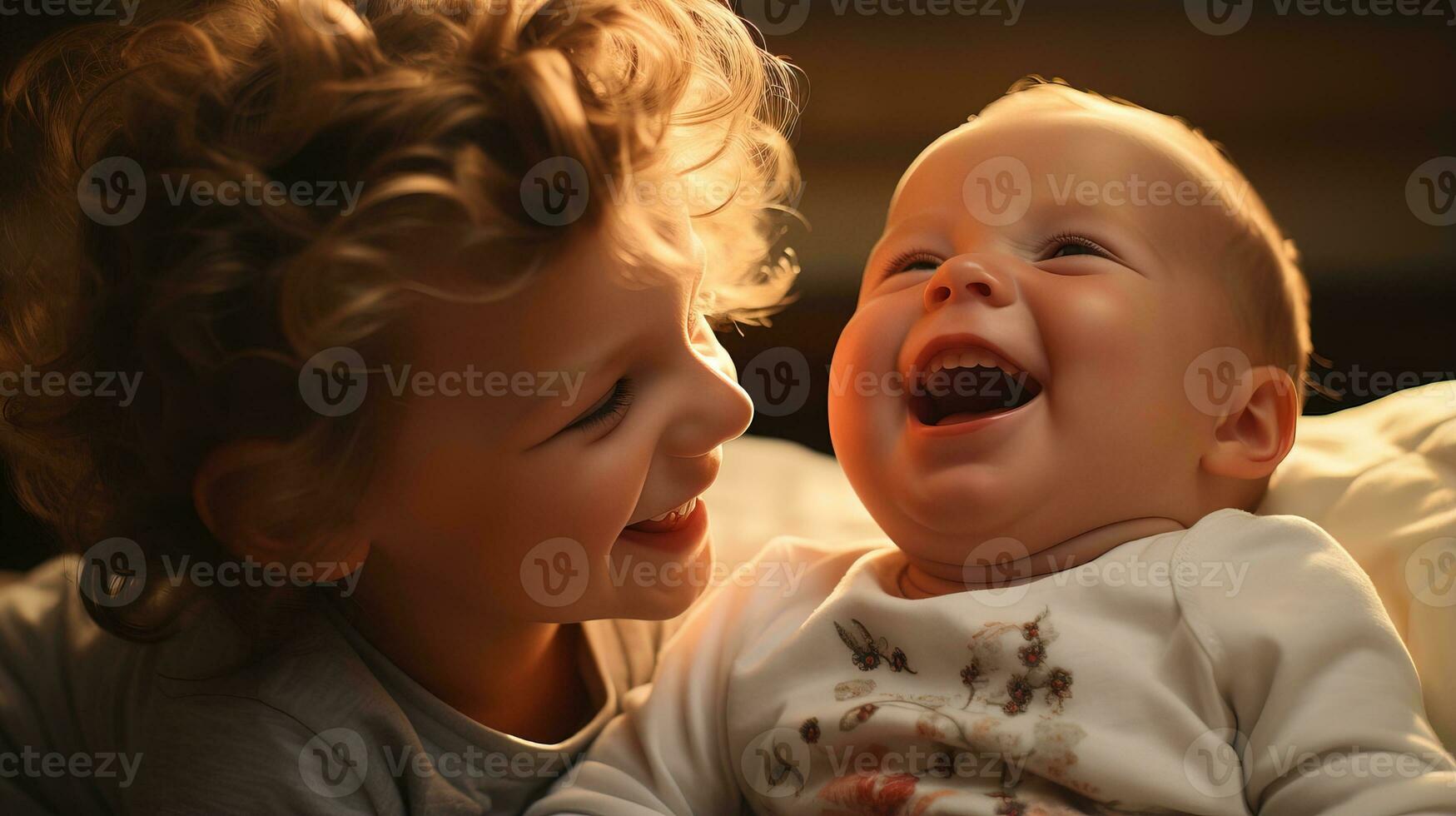 AI generated Cheerful little boy lovingly embraces his newborn brother in a comfortable bed environment. Generative AI photo