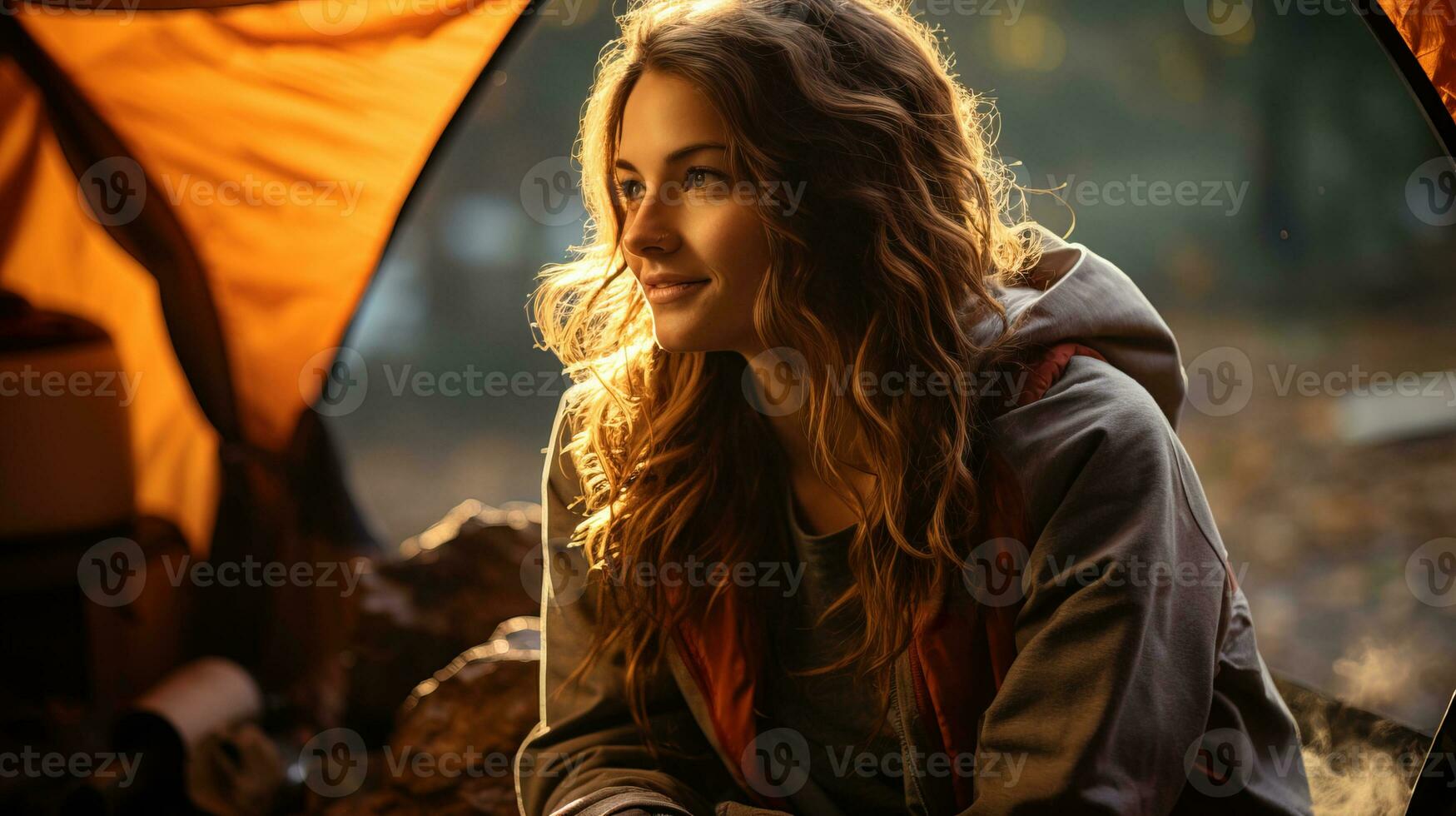 AI generated Happy young adventurer woman inside camping tent. Generative AI photo