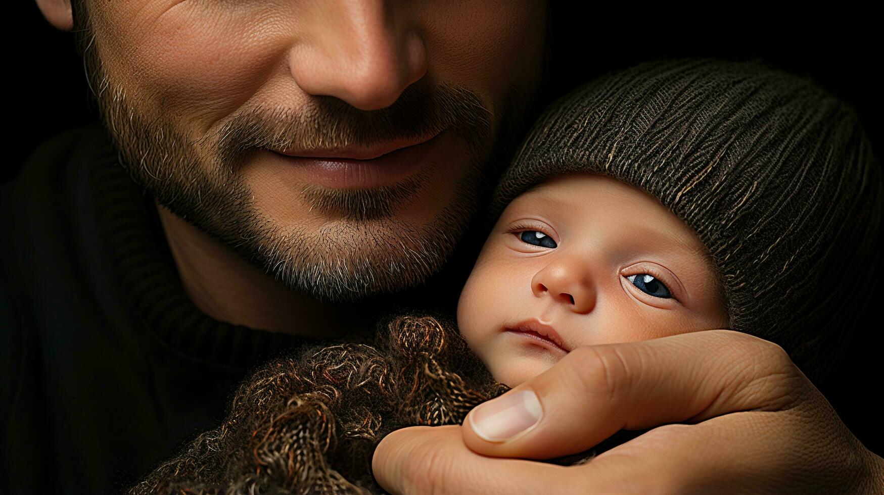 AI generated A baby looking safely in his father's arms. Generative AI photo